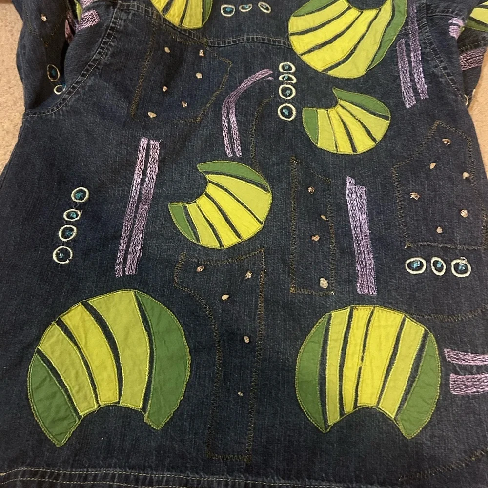 Marsh Landing Plant Embroidery Denim Jean Jacket Abstract Leaf Print Lily pad - Picture 7 of 12
